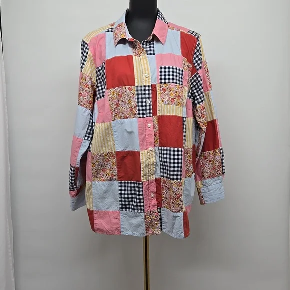 Lands' End Womens Poplin Boyfriend Button Front Patchwork Plus Size Curvy 1X - Picture 4 of 13